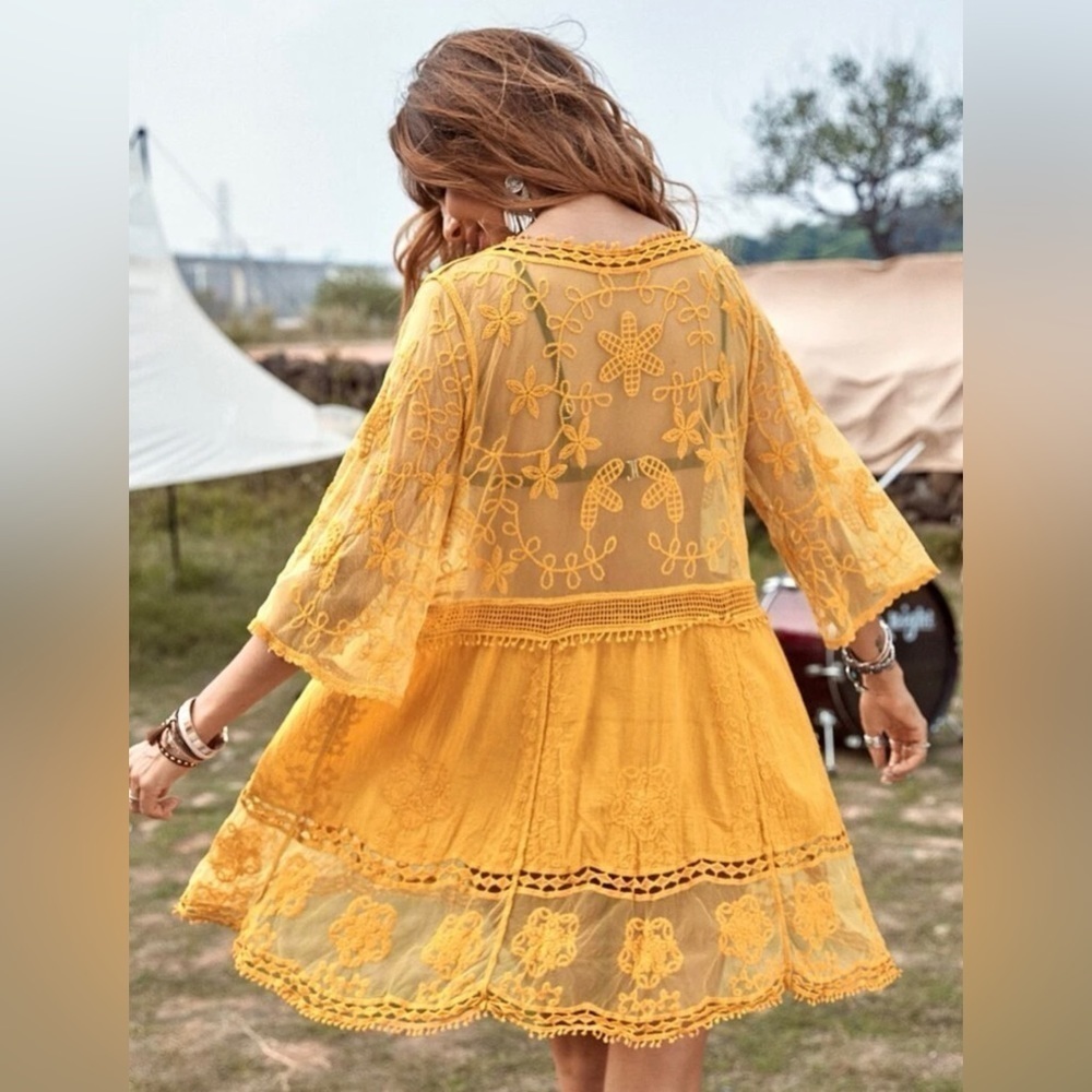Bohemian Embroidered Floral Lace Sheer Mesh Top Swimsuit Coverup - Picture 3 of 9